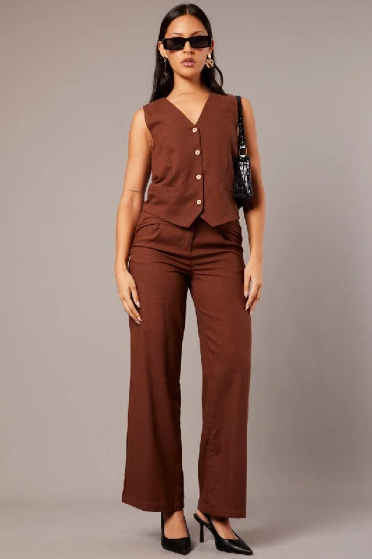 Brown Wide Leg Pants High Rise