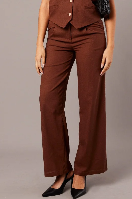 Brown Wide Leg Pants High Rise