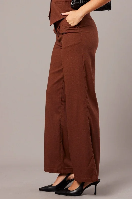 Brown Wide Leg Pants High Rise