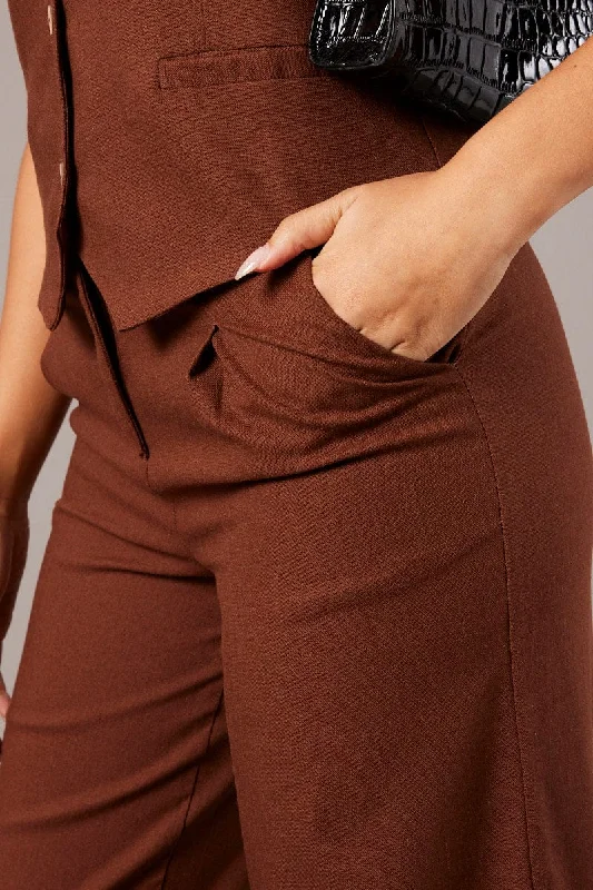 Brown Wide Leg Pants High Rise