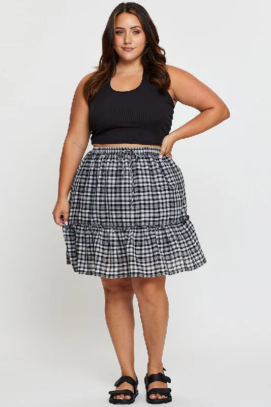 Check Mini Skater Skirt Elastic Waist