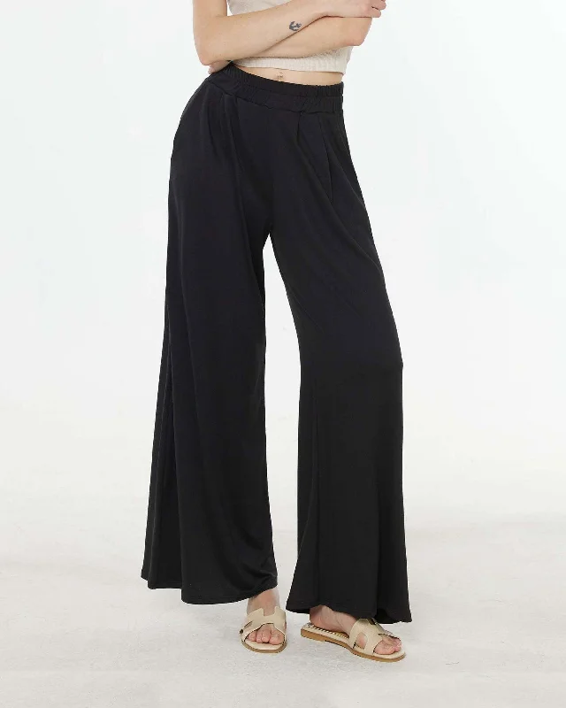 High Waisted Knit Wide Leg Pants - Black