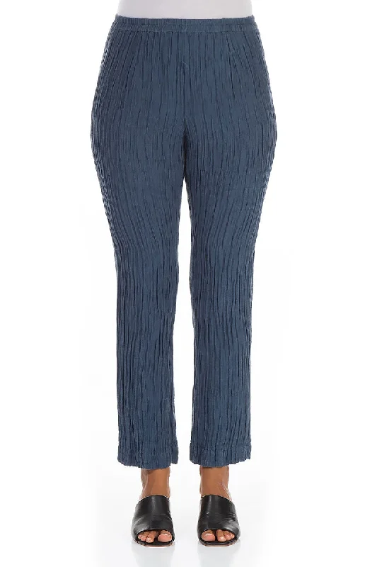 Crinkled Denim Blue Silk Linen Trousers