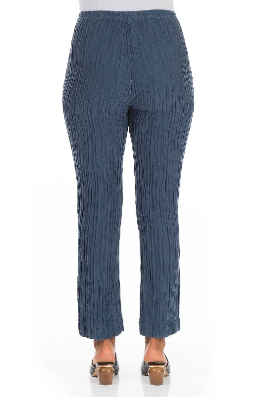 Crinkled Denim Blue Silk Linen Trousers