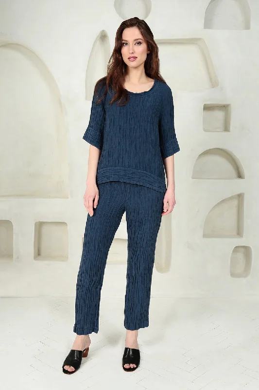 Crinkled Denim Blue Silk Linen Trousers