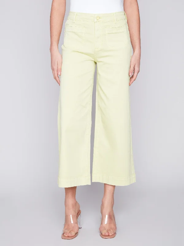 Cropped Wide Leg Twill Pants - Anise