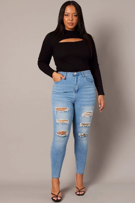 Denim Skinny Jeans High Rise Distressed