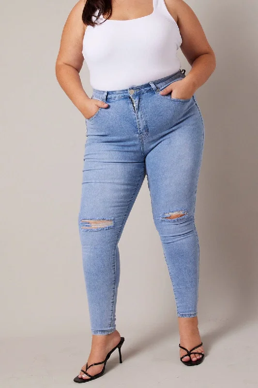 Denim Skinny Jeans High Rise Knee Slit