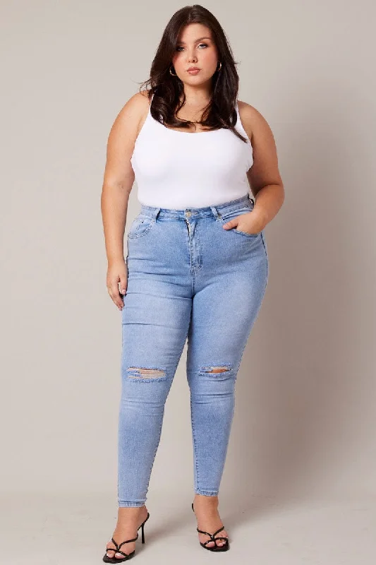 Denim Skinny Jeans High Rise Knee Slit