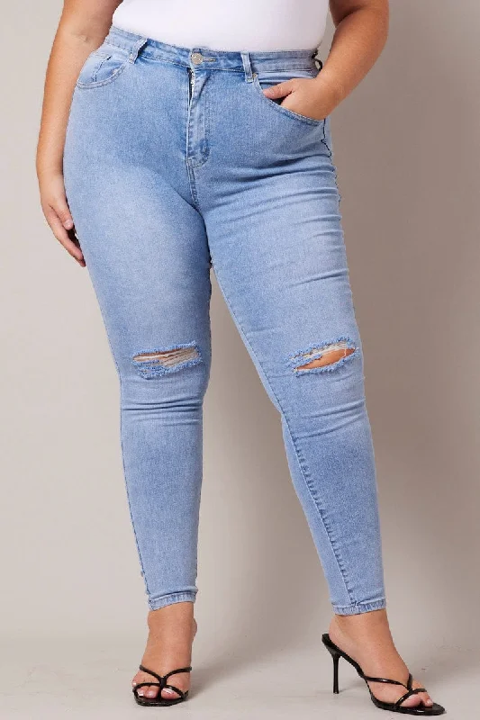 Denim Skinny Jeans High Rise Knee Slit