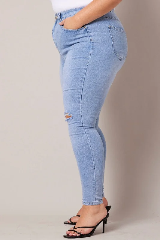 Denim Skinny Jeans High Rise Knee Slit