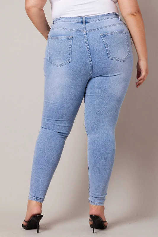 Denim Skinny Jeans High Rise Knee Slit