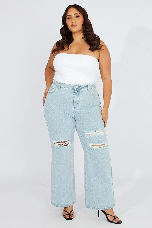 Denim Wide Leg Jeans High Rise Distressed