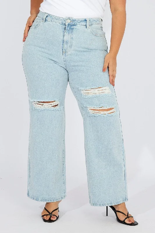 Denim Wide Leg Jeans High Rise Distressed