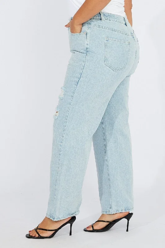 Denim Wide Leg Jeans High Rise Distressed