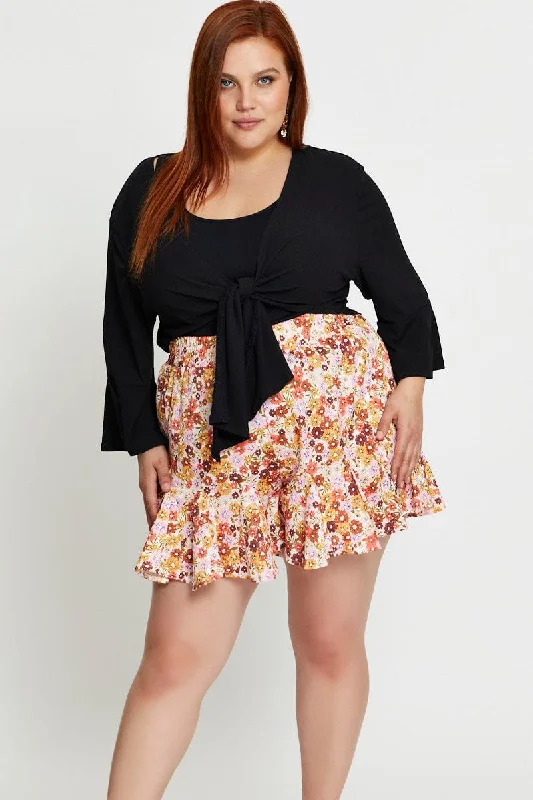 Ditsy Print Shorts High Rise Ruffle Hem Elastic Waist