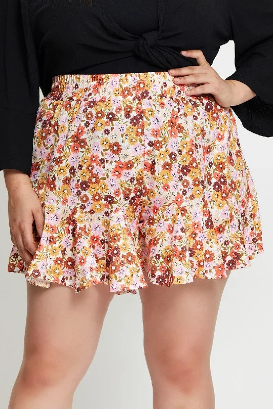 Ditsy Print Shorts High Rise Ruffle Hem Elastic Waist