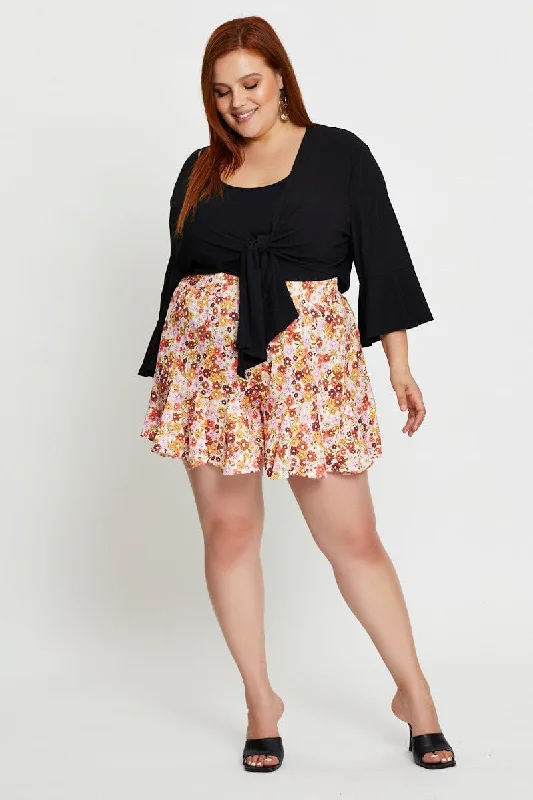 Ditsy Print Shorts High Rise Ruffle Hem Elastic Waist