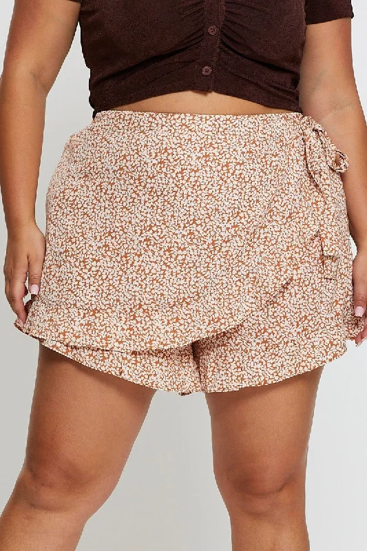 Ditsy Print Wrap Skort Mide Rise Ruffle Hem