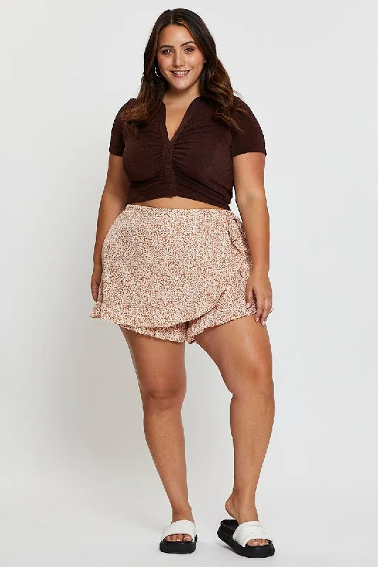 Ditsy Print Wrap Skort Mide Rise Ruffle Hem