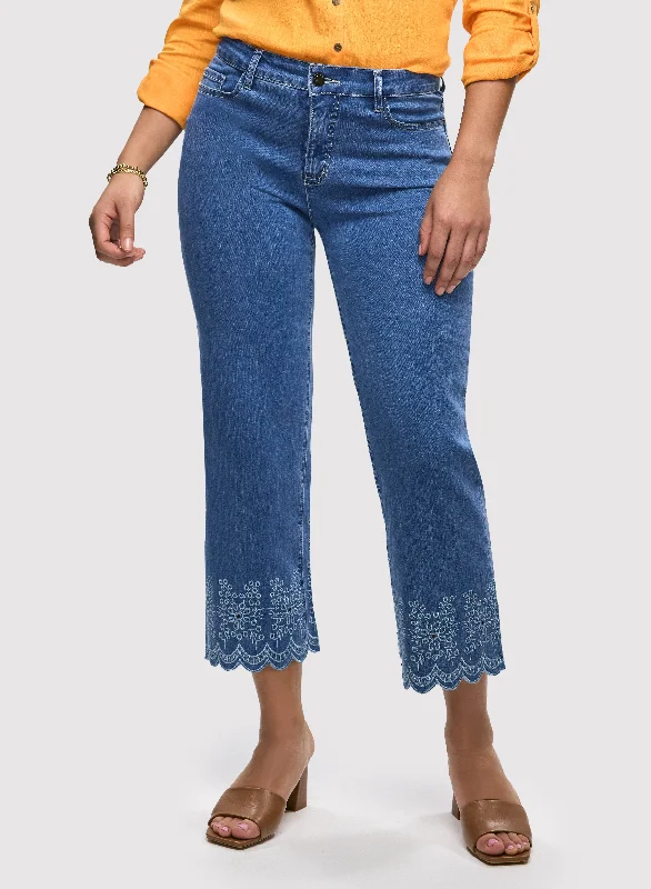 Embroidered Hem Capri Jeans