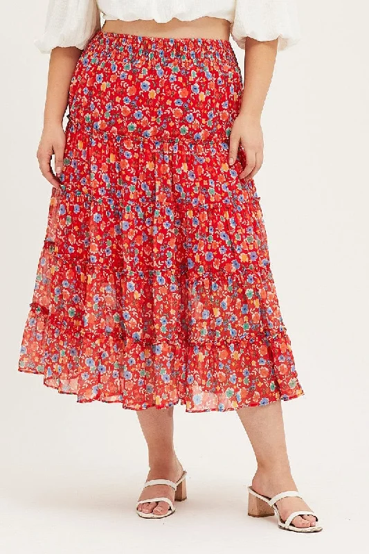 Floral Print Maxi Skirt Elastic Waist