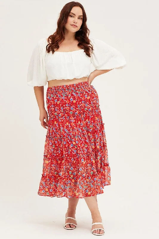 Floral Print Maxi Skirt Elastic Waist