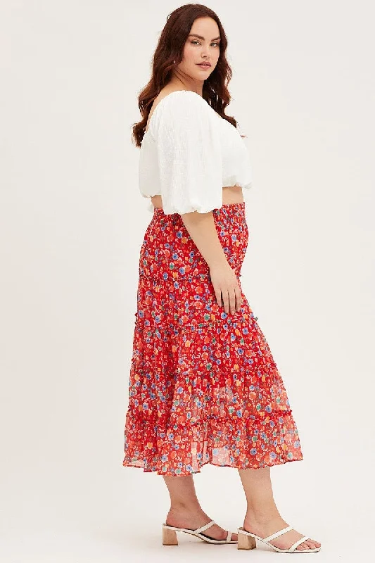 Floral Print Maxi Skirt Elastic Waist