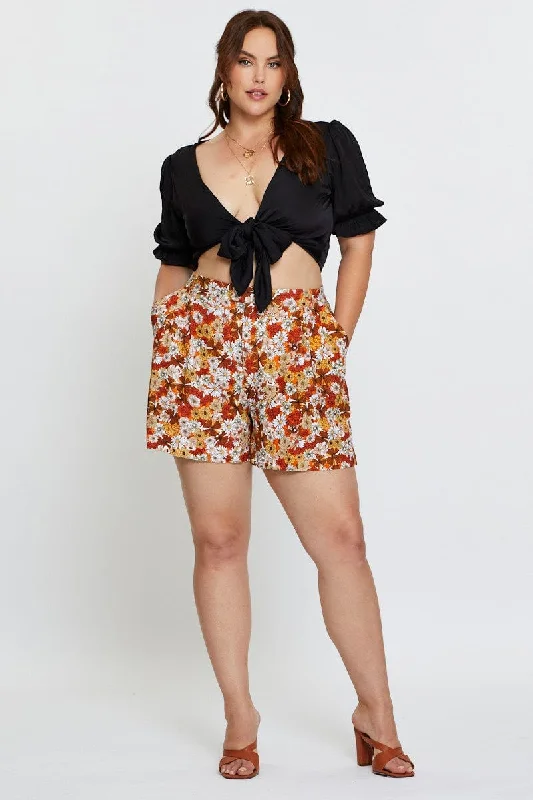 Floral Print Pleated Shorts High Rise