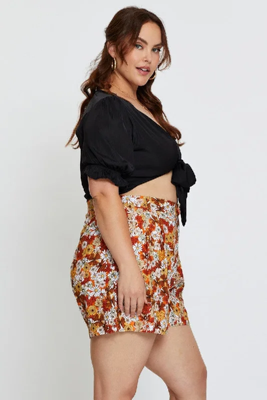 Floral Print Pleated Shorts High Rise