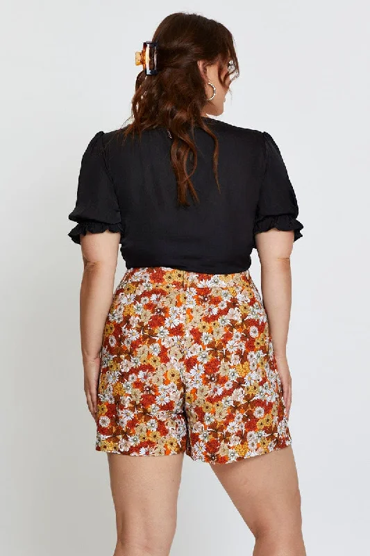 Floral Print Pleated Shorts High Rise