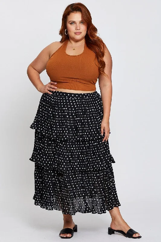 Geo Print High Waist Frill Tiered Midi Skirt