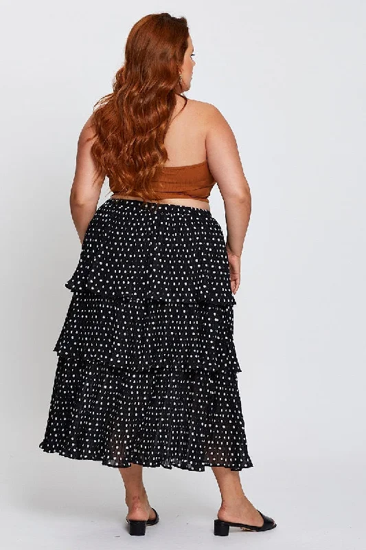 Geo Print High Waist Frill Tiered Midi Skirt