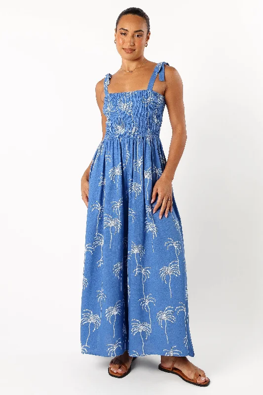 Ginelle Jumpsuit - Blue Palm Print