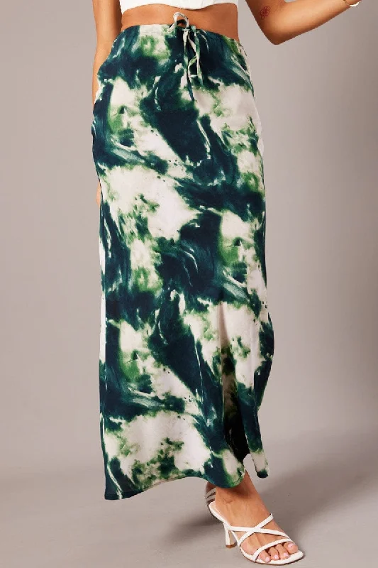 Green Abstract Slip Skirt Maxi Drawstring Waist