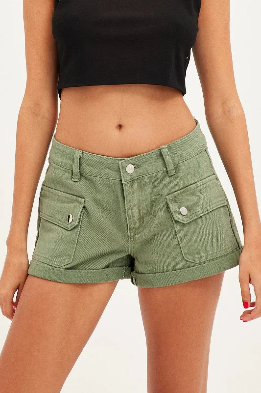 Green Cargo Denim Shorts Low Rise