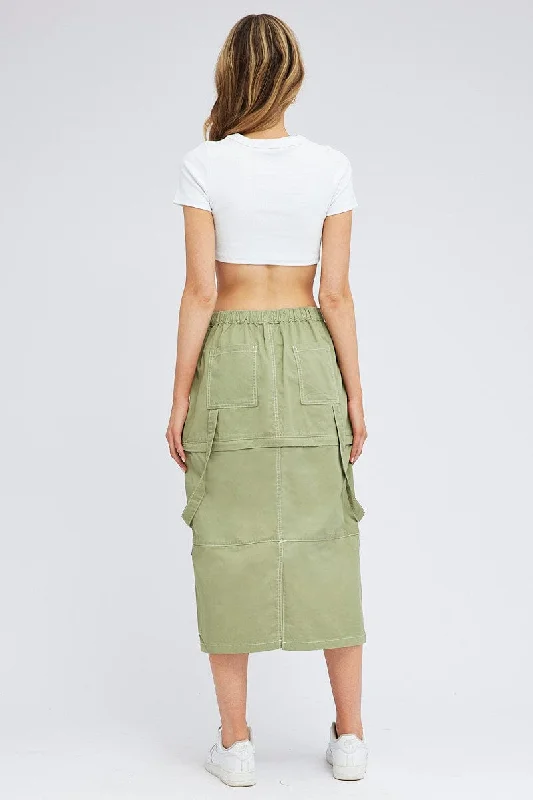 Green Cargo Skirt High Rise Elastic Two-way Midi Mini