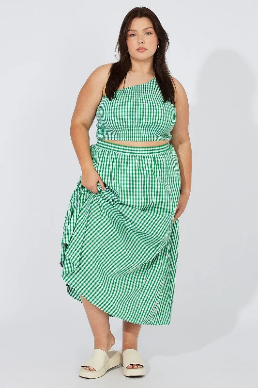 Green Check Maxi Skirt Elastic Waist Side Pockets