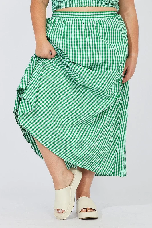 Green Check Maxi Skirt Elastic Waist Side Pockets