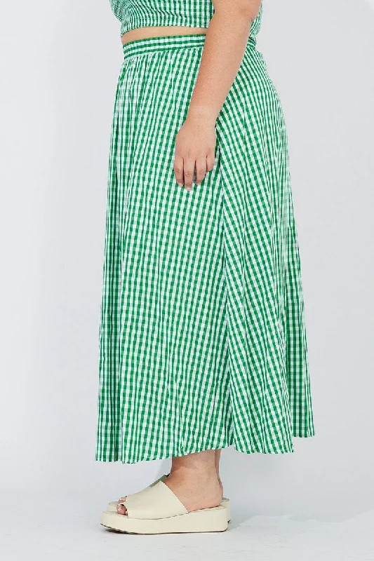 Green Check Maxi Skirt Elastic Waist Side Pockets