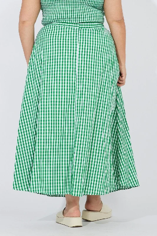 Green Check Maxi Skirt Elastic Waist Side Pockets