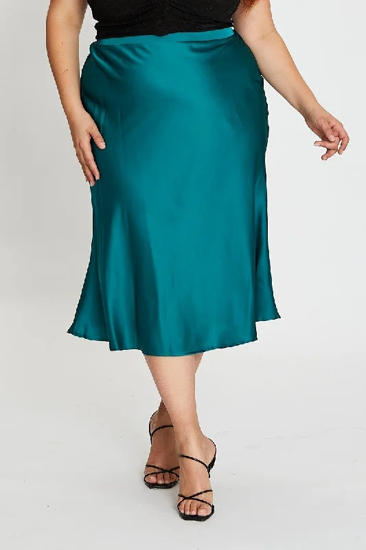 Green Midi Satin Skirt Elastic Waist