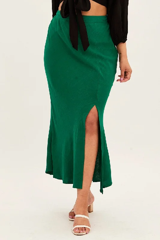 Green Midi Skirt Elastic Waist Split Side Linen Blend