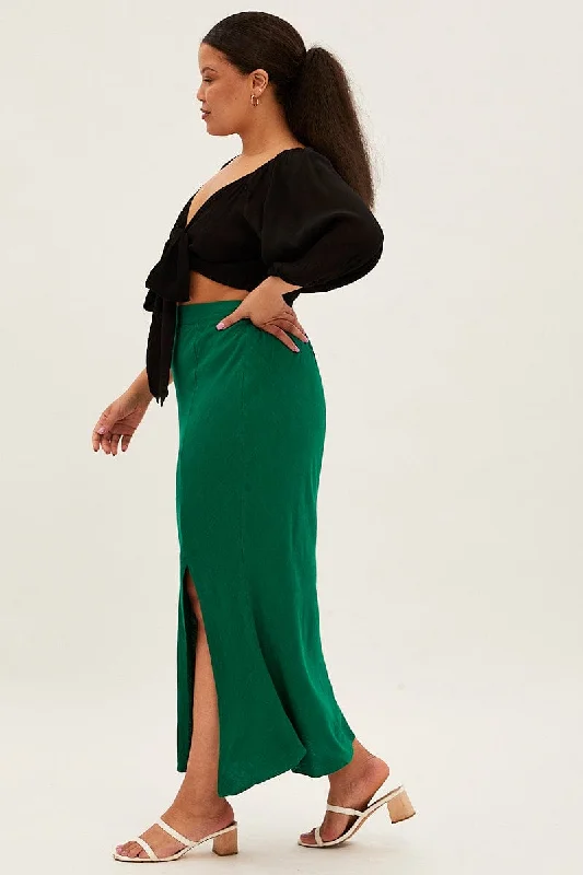 Green Midi Skirt Elastic Waist Split Side Linen Blend