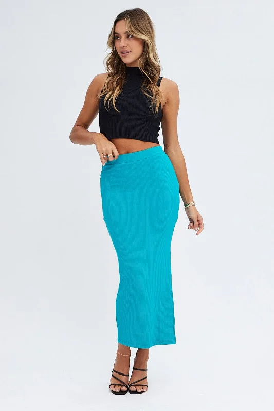 Green Midi Skirt High Rise Ribbed Jersey