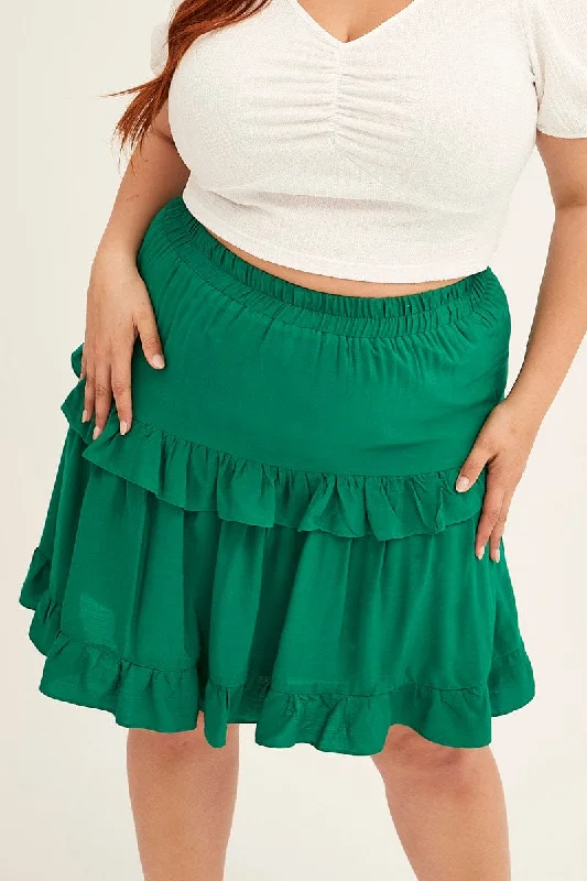 Green Mini Skirt Elastic Waist Frill Detail