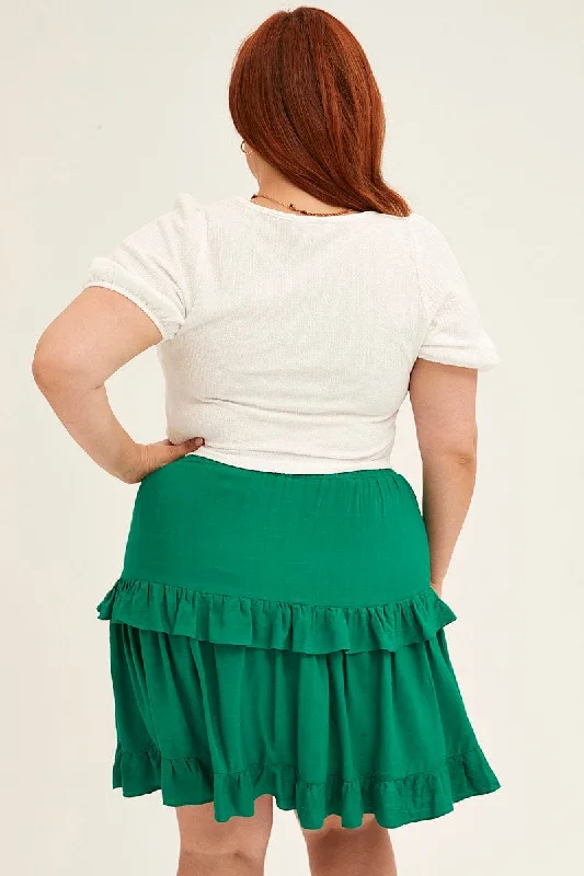 Green Mini Skirt Elastic Waist Frill Detail