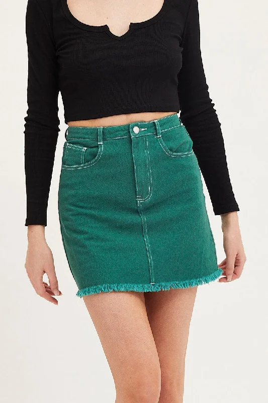 Green Mini Skirt High Rise Fray Hem