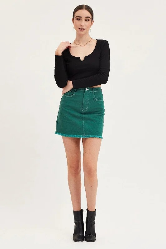 Green Mini Skirt High Rise Fray Hem