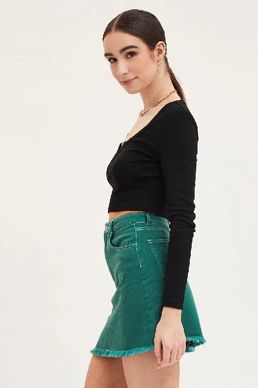 Green Mini Skirt High Rise Fray Hem